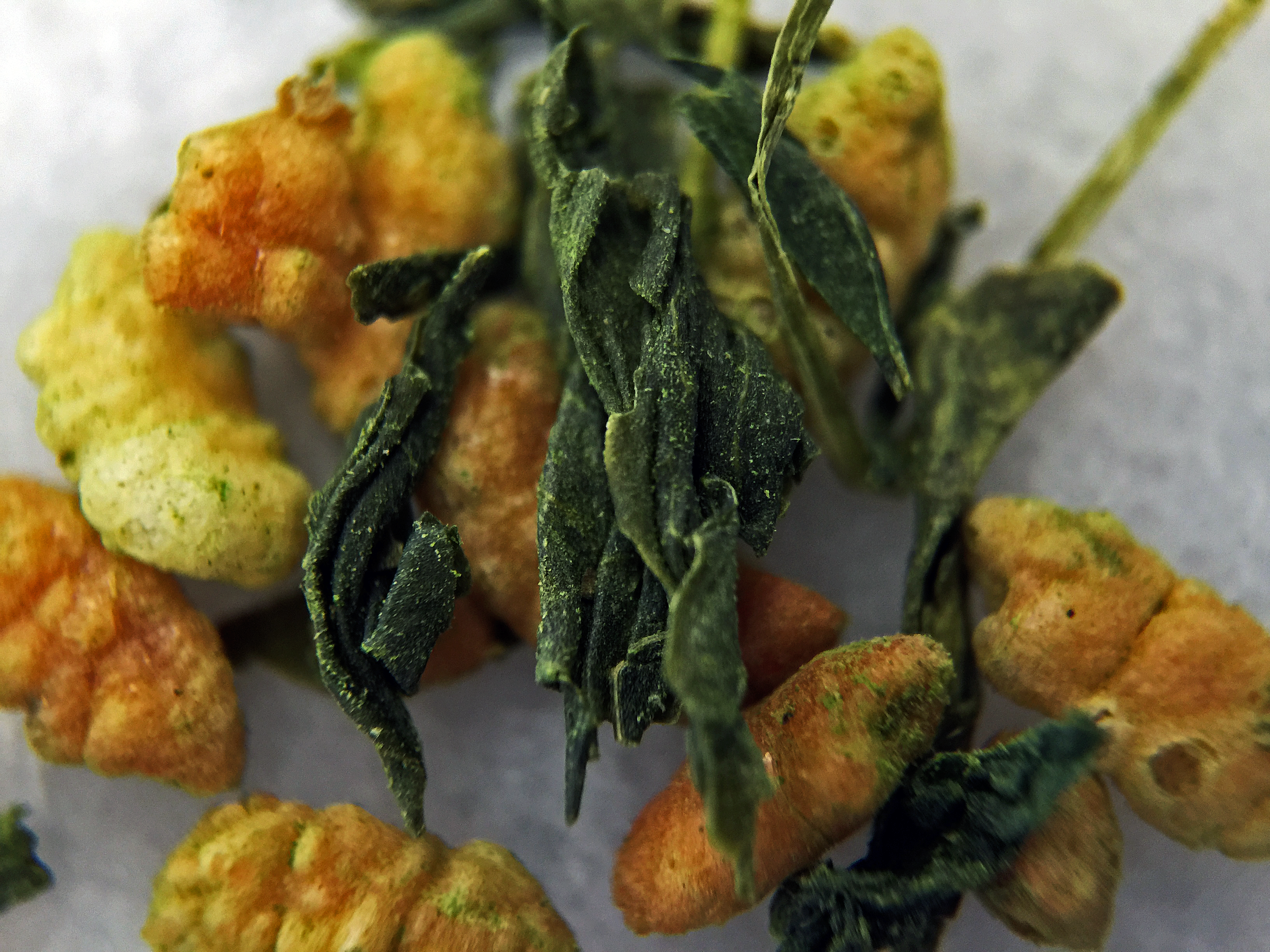 Organic Matcha-iri Genmaicha (Hibiki-an) ~ loose leaf macro 14X by Jocilyn Mors is licensed under a Creative Commons Attribution-ShareAlike 4.0 International License.