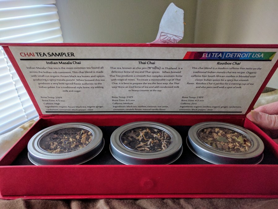 Image of Excursion: Eli Tea Spring 2017 ~ Chai Gift Box by Jocilyn Mors is licensed under a Creative Commons Attribution-NonCommercial-ShareAlike 4.0 International License.